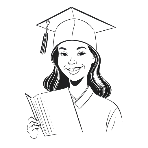 Strichzeichnung einer Frau, die CatyCake repräsentiert, in einem Abschlussmantel, der ein Zahnmedizin-Lehrbuch vor einem weißen Hintergrund hält