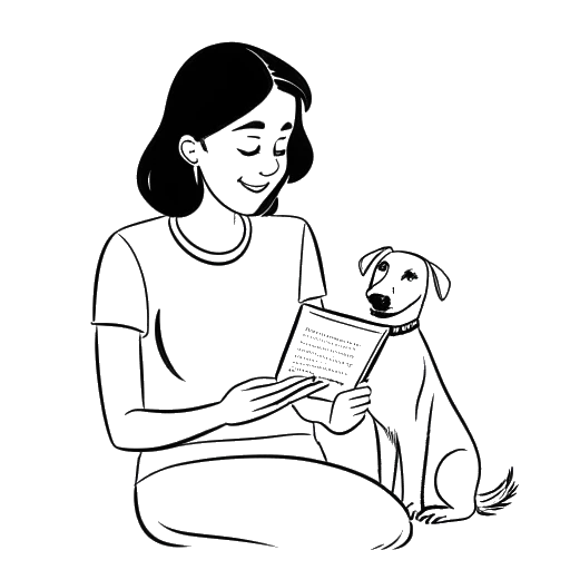 Strichzeichnung einer Frau, die CatyCake repräsentiert, mit einem Parodontologie-Lehrbuch und ihrem Hund, alles vor einem weißen Hintergrund