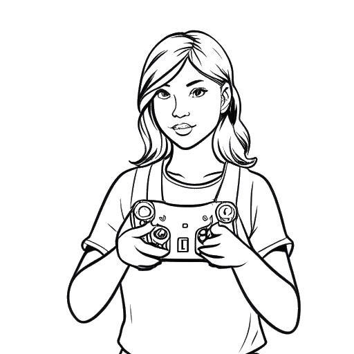 Strichzeichnung einer Frau, die CatyCake repräsentiert, hält einen Videospiel-Controller, alles vor einem weißen Hintergrund