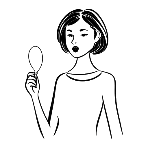 Strichzeichnung einer Frau, die CatyCake repräsentiert, hält eine Kommentarblase mit Gabel und Messer, alles vor einem weißen Hintergrund