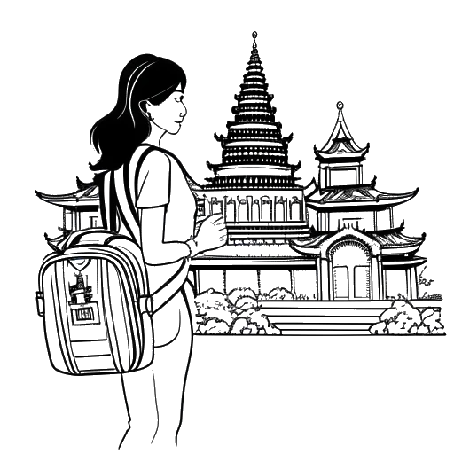 Strichzeichnung einer Frau, die CatyCake repräsentiert, hält einen Koffer und einen Reisepass, mit einem thailändischen Tempel im Hintergrund, alles vor einem weißen Hintergrund