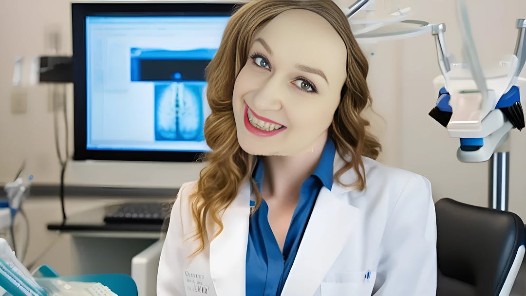 CatyCake, professionell gekleidet in einem zahnärztlichen Arbeitsbereich, lächelt in die Kamera inmitten einer akademischen Einrichtung im Hintergrund, zu der auch ein Computer gehört.