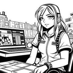 Een eenlijns tekening van F1NN5TER, die hun succes in MC Championship vertegenwoordigt, deelneemt aan het toernooi als hun e-girl persona, versierd in hun unieke kleding, met een vastberaden uitdrukking, omringd door een op Minecraft geïnspireerde arena.