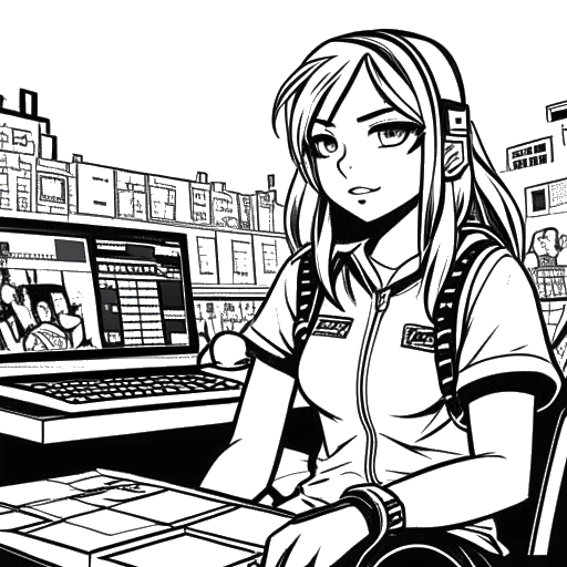Un dibujo de una línea de F1NN5TER, representando su éxito en MC Championship, compitiendo en el torneo como su personalidad de e-girl, adornado con su atuendo único, con una expresión determinada, rodeado de una arena temática de Minecraft.