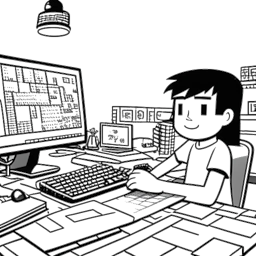 Un dessin d'une ligne de F1NN5TER, représentant leur succès précoce dans Minecraft, jouant au jeu sur un ordinateur avec une expression joyeuse, entouré d'un arrière-plan sur le thème de Minecraft.