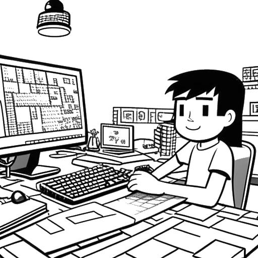 Un dibujo de una línea de F1NN5TER, representando su éxito temprano en Minecraft, jugando el juego en una computadora con una expresión alegre, rodeado de un fondo temático de Minecraft.