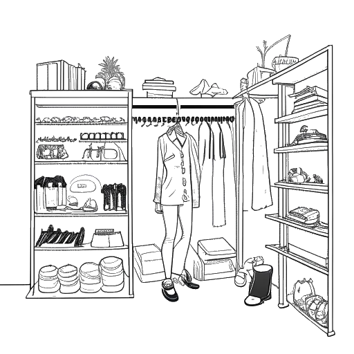 A one-line drawing of F1NN5TER, representing their personal life and entrepreneurial spirit, in their dedicated room surrounded by shelves filled with outfits and accessories for Rose. They have a proud and innovative expression on their face, on a white background.