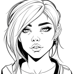 A one-line drawing of F1NN5TER, representing their e-girl persona "Rose", with striking makeup, vibrant hair, and a confident demeanor on a white background.