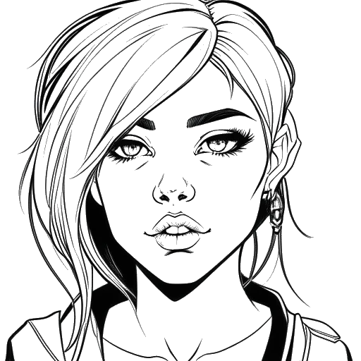 Een eenlijns tekening van F1NN5TER, die hun e-girl persona 'Rose' vertegenwoordigt, met opvallende make-up, levendig haar en zelfverzekerde houding op een witte achtergrond.