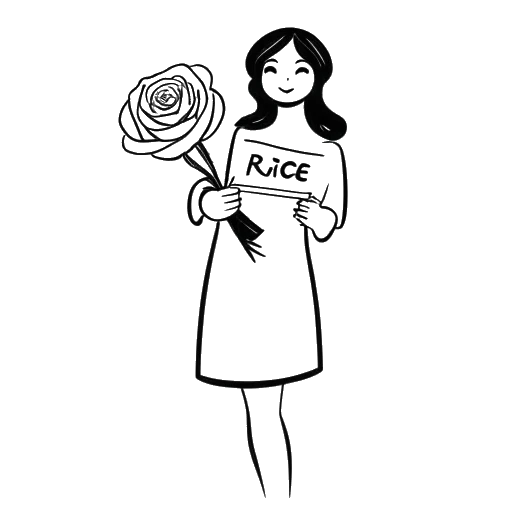 Dessin en noir et blanc d'une personne, représentant le personnage de Rose de F1NN5TER, tenant un panneau avec le mot 'Rose' écrit dessus