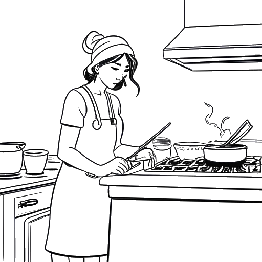 Desenho em arte linear de uma pessoa, representando a personagem Rose de F1NN5TER, cozinhando em uma cozinha, com uma barra de humor ao fundo