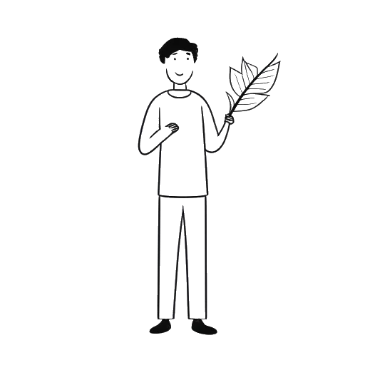Desenho em arte linear de um homem, representando F1NN5TER, segurando um livro com um símbolo de folha nele