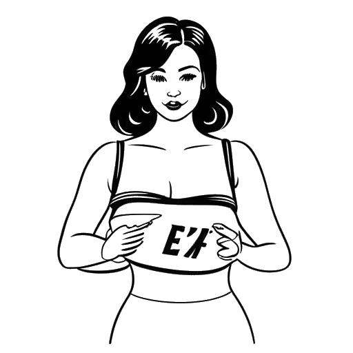 Disegno stilizzato di una persona, rappresentante il personaggio Rose di F1NN5TER, che tiene protesi mammarie finte tra le mani, con un cartello con scritto 'taglia E' sullo sfondo