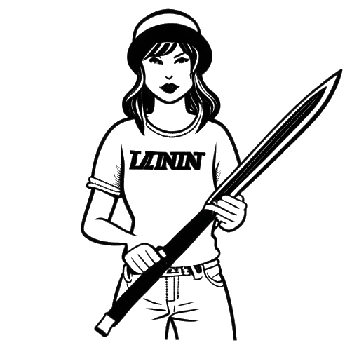 Line art drawing of a person, representing F1NN5TER's character Rose, holding a knife in one hand and a wrench in the other hand, with a sign with the word 'Finn Land Technician' written on it in the background