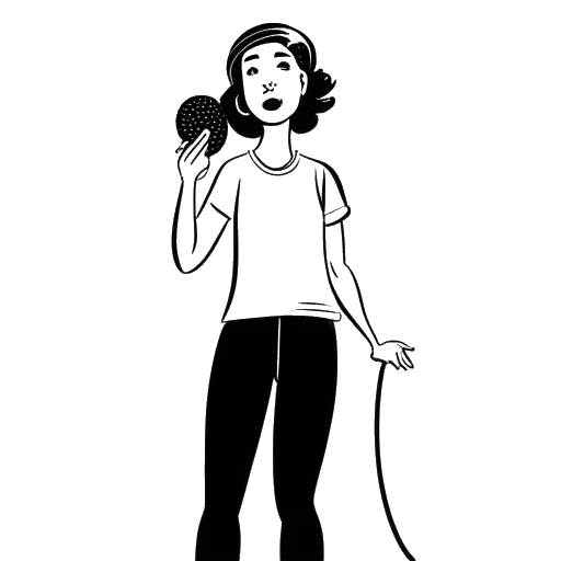 Dessin en noir et blanc d'une personne, représentant le personnage de Rose de F1NN5TER, tenant un microphone dans une main et un ballon de football dans l'autre, avec une bulle de pensée sortant du microphone