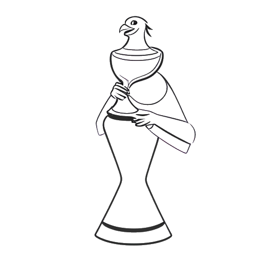 Line art drawing of a person, representing F1NN5TER, holding a championship trophy with a pink parrot logo on it
