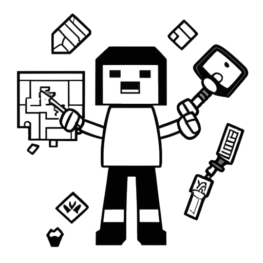 Dessin en noir et blanc d'une personne, représentant F1NN5TER, tenant une pioche Minecraft, entouré de logos d'événements Minecraft, avec un logo iDots en arrière-plan
