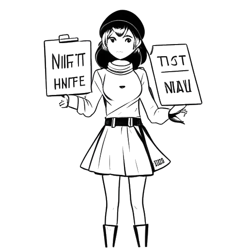 Strichzeichnung einer Person, die F1NN5TERs Figur Rose darstellt, und ein Schild mit dem Wort 'NFT' darauf hält, umgeben von Cosplay-Outfits