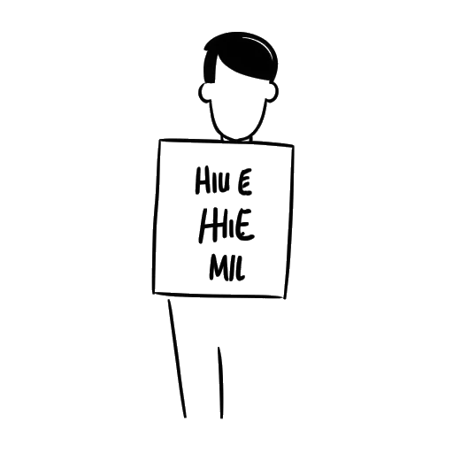 Line art drawing of a person, representing F1NN5TER, holding a sign with pronouns 'he/him' written on it