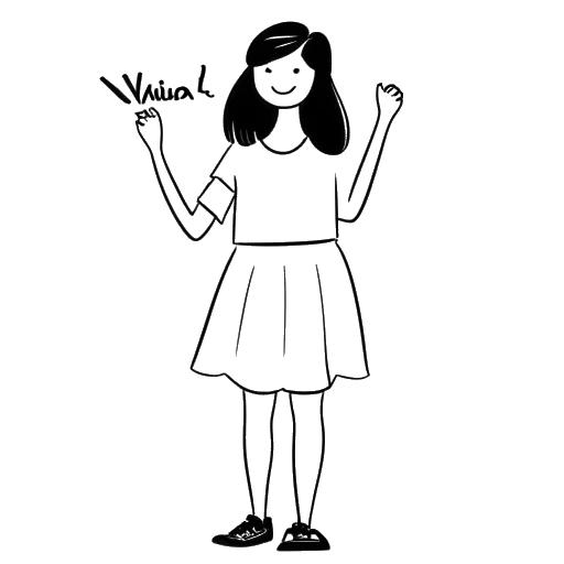 Desenho em arte linear de uma pessoa, representando a personagem Rose de F1NN5TER, usando uma camiseta larga e uma saia, segurando um cartaz com a palavra 'falha no guarda-roupa' escrita nele