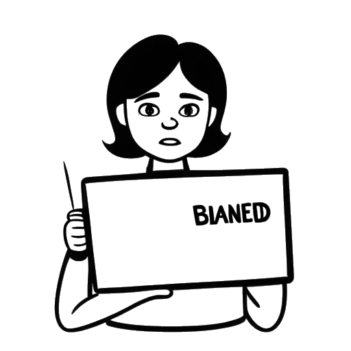Line art drawing of a person, representing F1NN5TER, holding a sign with the word 'banned' written on it, with a Twitch logo in the background
