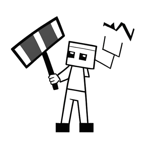Desenho em arte linear de uma pessoa, representando F1NN5TER, segurando um pico de Minecraft com um logotipo do YouTube ao fundo