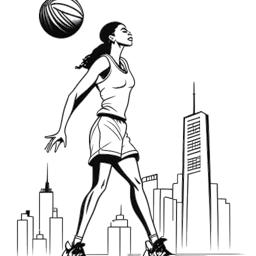 Strichzeichnung einer Frau, die Marie Temara repräsentiert, selbstbewusst einen Basketball dribbelt, während im Hintergrund Wahrzeichen von New York City zu sehen sind, was eine Verschmelzung von Athletik und städtischen Wurzeln darstellt.