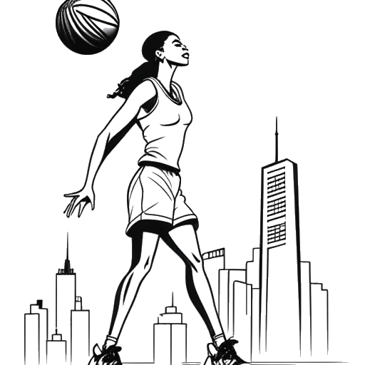 Desenho artístico de uma mulher, representando Marie Temara, driblando confiantemente uma bola de basquete com pontos turísticos de Nova York ao fundo, exibindo uma fusão de atletismo e raízes urbanas.