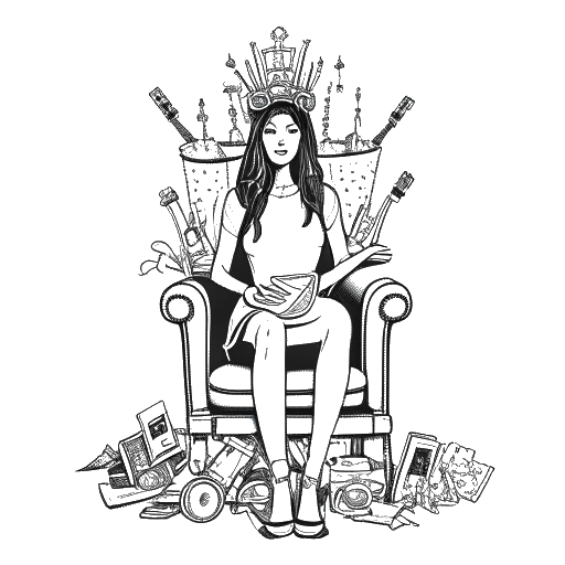 Desenho artístico de uma mulher, representando Marie Temara, sentada em um trono de dispositivos digitais, simbolizando seu império online bem-sucedido, com símbolos de dinheiro indicando conquistas financeiras.