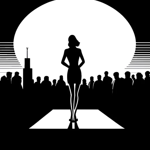 Strichzeichnung einer Frau, die Marie Temara repräsentiert, unter einem Scheinwerferlicht auf einer Bühne steht, mit einem Publikum in Silhouette und der Skyline von Miami im Hintergrund, was ihre herausragende Präsenz darstellt.