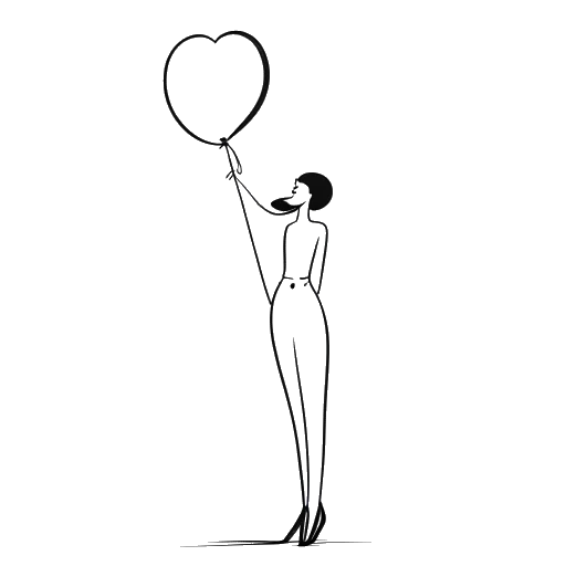 Lijntekening van een lange vrouw, die Marie Temara symboliseert, die een hartvormige ballon vasthoudt en daarmee haar inzet voor lengteacceptatie in de datingwereld weergeeft, tegen een witte achtergrond.