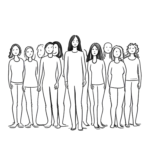 Lijntekening van een lange vrouw en haar nog langere familie, die Marie Temara vertegenwoordigen, die zich onderscheiden in een menigte en hun virale roem om hun lengte symboliseren, allemaal op een witte achtergrond.