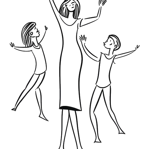 Desenho de uma mulher alta, semelhante a Marie Temara, dançando e fazendo playback com sua família, capturando a essência de suas atividades nas redes sociais, em um fundo branco simples.