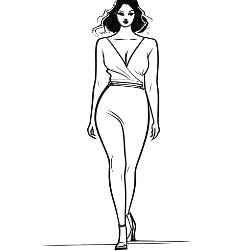 Desenho em arte linear de uma mulher alta, representando Marie Temara, modelando com confiança em uma passarela, simbolizando sua defesa pela positividade corporal, em um fundo branco.