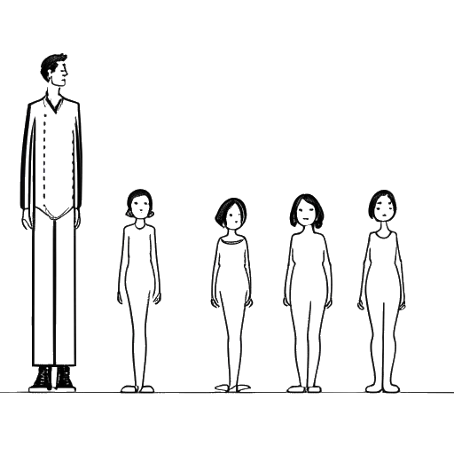 Illustrazione in bianco e nero di una donna alta, a indicare Marie Temara, leggermente più bassa dei suoi familiari imponenti, enfatizzando le differenze di altezza relative, su sfondo bianco.