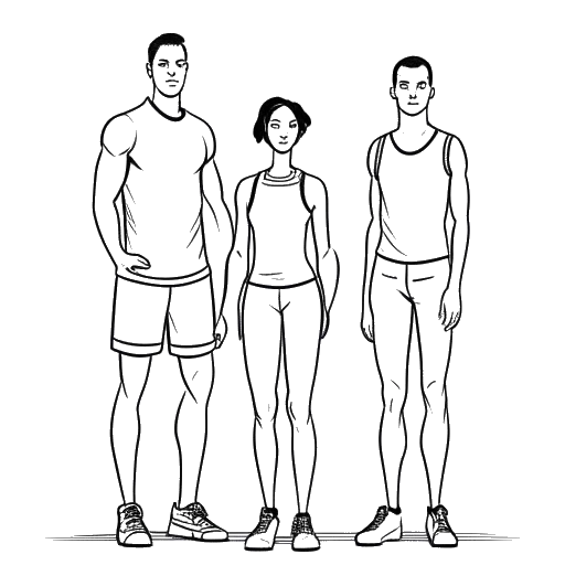 Desenho em arte linear de uma mulher alta, indicando Marie Temara, ao lado de dois homens mais altos vestindo roupas esportivas, denotando uma família de atletas profissionais, em um fundo branco.