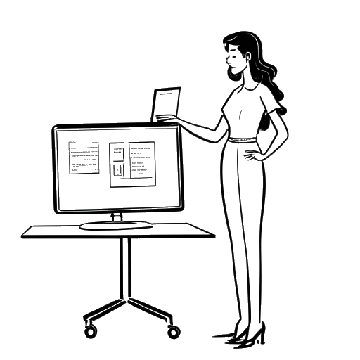 Desenho em arte linear de uma mulher alta, representando Marie Temara, em frente a uma tela de computador cercada por ícones de mídia social, indicando sua proeminente presença no YouTube, em um fundo branco.