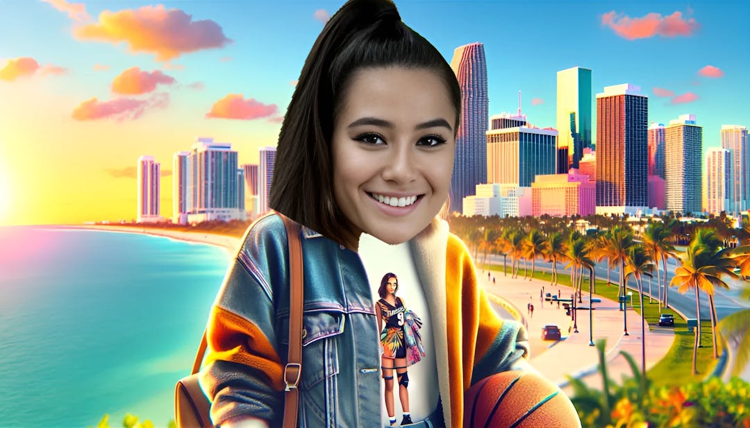 Marie Temara, trots rechtop staand met een stralende glimlach, gekleed in casual chique kleding met de zonnige skyline van Miami op de achtergrond.
