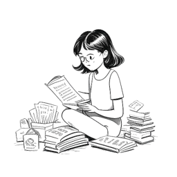 Dibujo de líneas de una niña determinada, representando a Bella Thorne, leyendo activamente diversos textos como cajas de cereal para superar la dislexia.