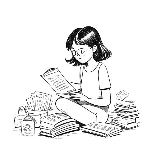 Line drawing of a determined young girl, representing Bella Thorne, actively reading various texts like cereal boxes to overcome dyslexia.
