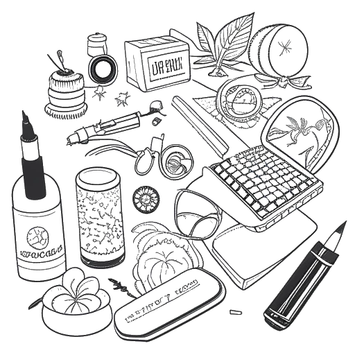 Line drawing of various items including books, a microphone, jewelry, and makeup, symbolizing Bella Thorne's diverse entrepreneurial ventures.