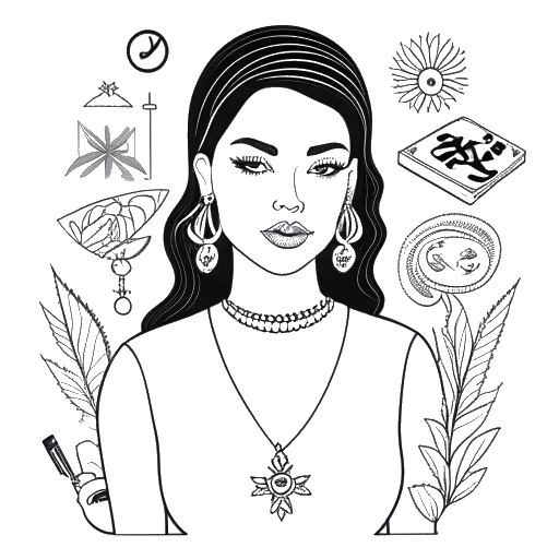 Line drawing of a woman representing Bella Thorne, radiating confidence with film strips, music notes, makeup, jewelry, and cannabis icons encircling her, all against a white backdrop.