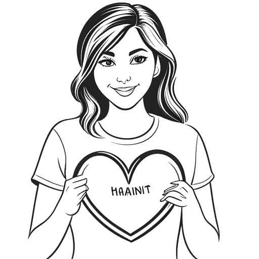 Line art drawing of a young woman holding a heart-shaped sign representing Bella Thorne's activism