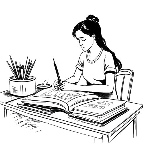 Strichzeichnung einer jungen Frau, die an einem Schreibtisch schreibt und damit Bella Thornes Jugendromane zeigt