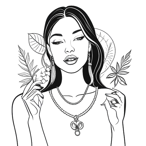 Line art drawing of a young woman holding makeup, jewelry, and a cannabis leaf representing Bella Thorne's businesses