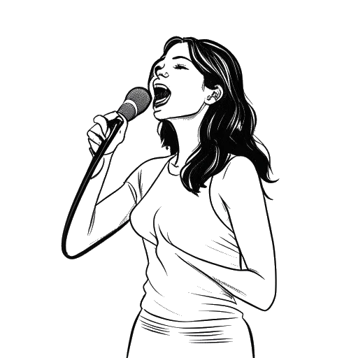 Line art drawing of a young woman singing on stage representing Bella Thorne's music debut