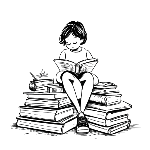 Line art drawing of a young girl reading a book representing Bella Thorne overcoming dyslexia through reading