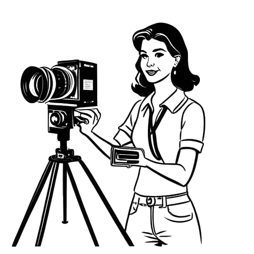 Strichzeichnung einer jungen Frau, die eine Filmkamera und eine Filmklappe hält und damit Bella Thornes Produktionsfirma zeigt