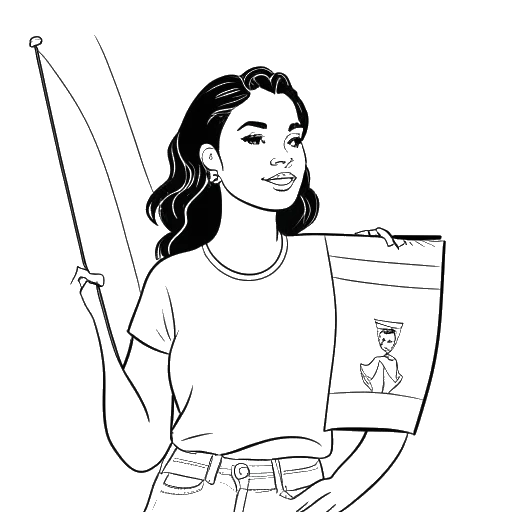 Line art drawing of a young woman holding a pride flag representing Bella Thorne's sexual orientation