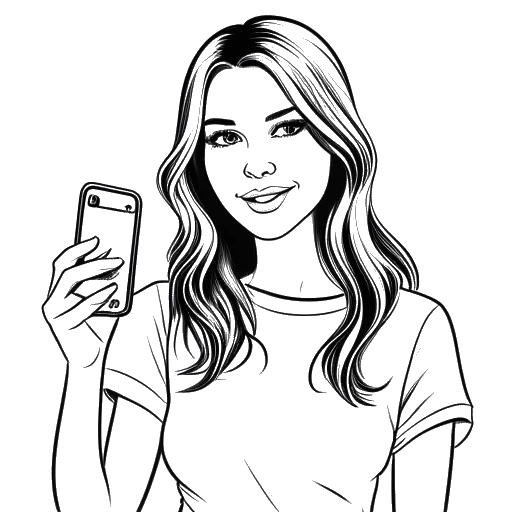 Dessin en ligne d'une jeune femme tenant un smartphone représentant le nombre important de followers de Bella Thorne sur les réseaux sociaux